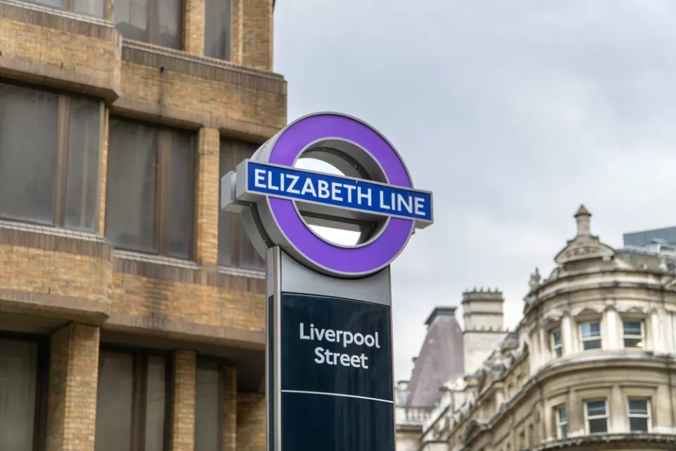 A sign for the Elizabeth Line, a subway route in London, at the Liverpool Street Station